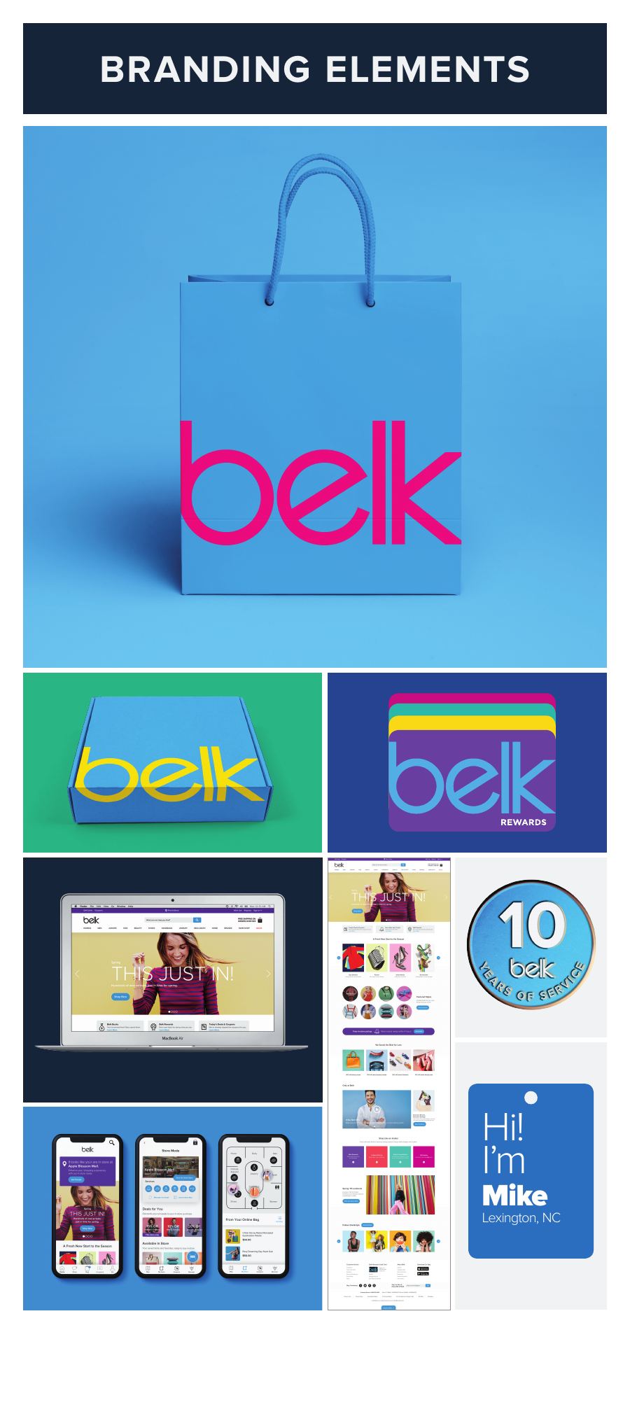 2019 rebrand board: branding elements, bags and digital